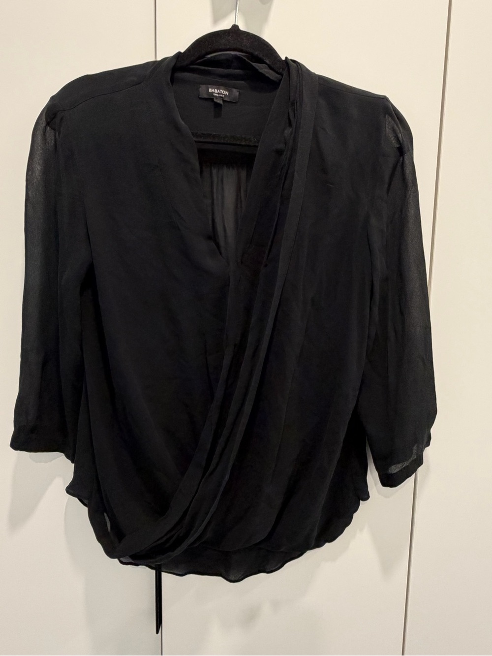 Babaton Black Draped Wrap 100% silk Blouse